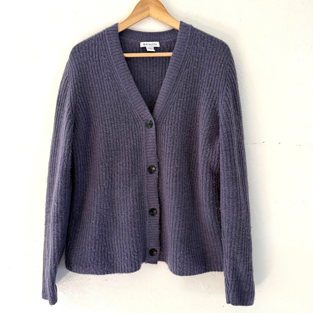 Athleta Womens Purple Merino Wool Blend Ribbed V-Neck Cardigan Sweater Large